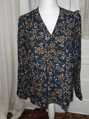 J. Jill Navy Floral V-Neck Long-Sleeve Blouse with Rust Accents